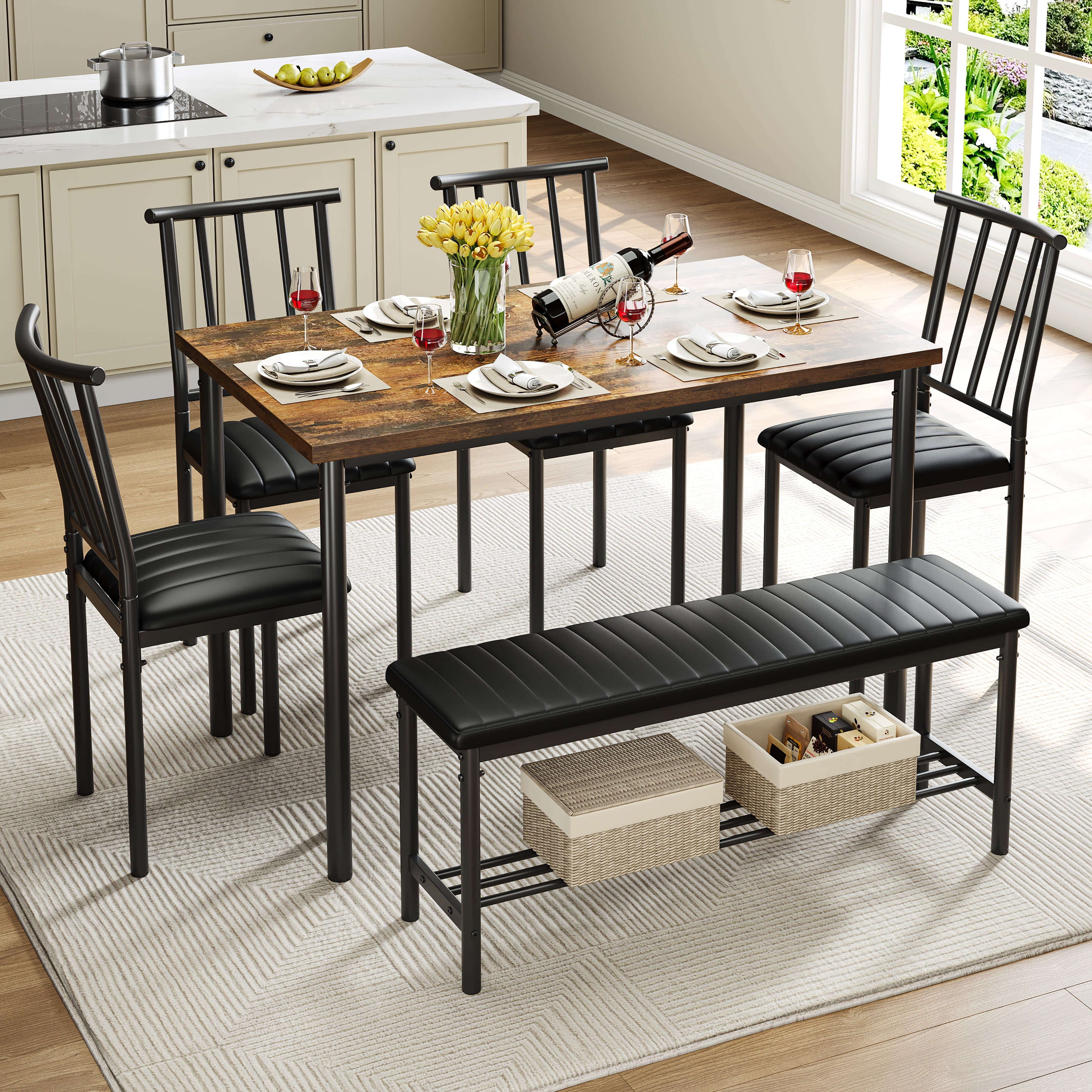 6-Piece Modern Dining Set, Table, Bench & 4 Chairs, Upholstered, Brown ...