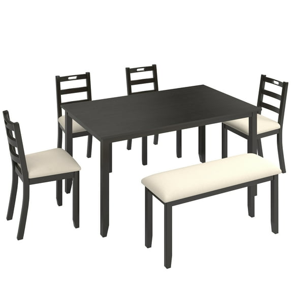 BTMWAY 6 Piece Dining Table Set, Solid Wood Family Dining Room Set with Foldable Table, 4 Upholstered Chairs and 1 Cushion Bench, Modern Kitchen Table Set Rectangular Dinette Set for 6, Gray