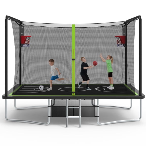 SHINPT 8 ×12 ft Rectangle Trampoline for Kids and Adult, Rectangular trampoline with 2 Basketball Hoops, Outdoor Big Trampoline with 360 Degree Safety Net, Square Trampoline with 4 W-Legs