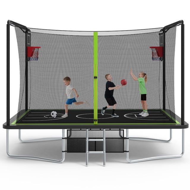 8 ×12FT Large Trampoline for Kids and Adults, SHINPT Outdoor trampoline with 2 Basketball Hoops, Big Trampoline with 360° Safety Net, Kids Trampoline Outdoor with Football Net with 1600LBS Capacity