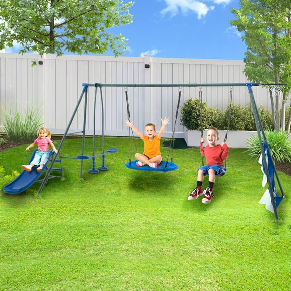 Enyopro Backyard Swing Sets for Outside, 440lbs Swing Set with Slide, Saucer Swing, Face-to-Face Swing, Basketball Hoop and Soccer Net, Outdoor Playground Playset for 3+ Kids, Blue