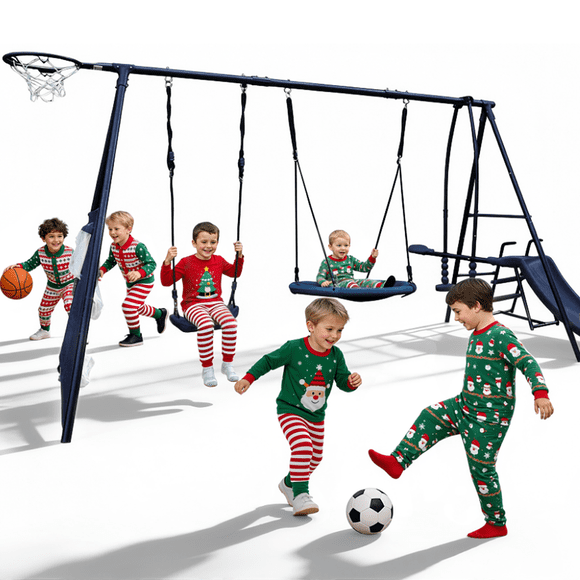 Enyopro Backyard Swing Sets for Outside, 440lbs Swing Set with Slide, Saucer Swing, Face-to-Face Swing, Basketball Hoop and Soccer Net, Outdoor Playground Playset for 3+ Kids, Blue