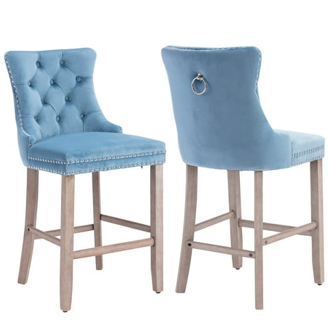 Bar Stools Set of 2, LEGAHOME Velvet Counter Height Bar Stools with Back, Button Tufted Upholstered Kitchen Island Chairs with Nailhead Trim, Solid Wood Legs, Footrest, Light Blue