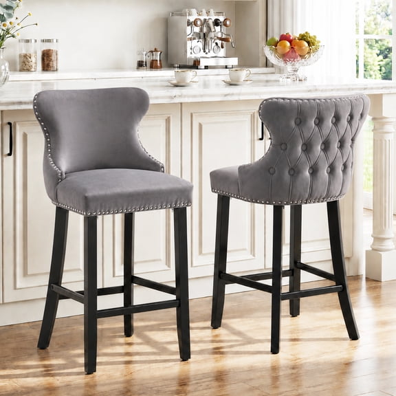 Bar Stools Set of 2, LegaHome 26" Counter Height Bar Stools with Back Sets of 2, Velvet Upholstered Bar Stool with Button Tufted & Nailhead Trim, Counter Stool for 35-39" Kitchen Island, Gray