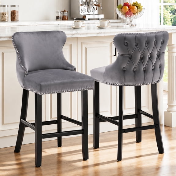 Bar Stools Set of 2, Legahome Counter Height Bar Stools with Back Sets of 2, Velvet Upholstered Gray Bar Stools with Button Tufted & Nailhead Trim, 26" Counter Stool for 35-39" Kitchen Island