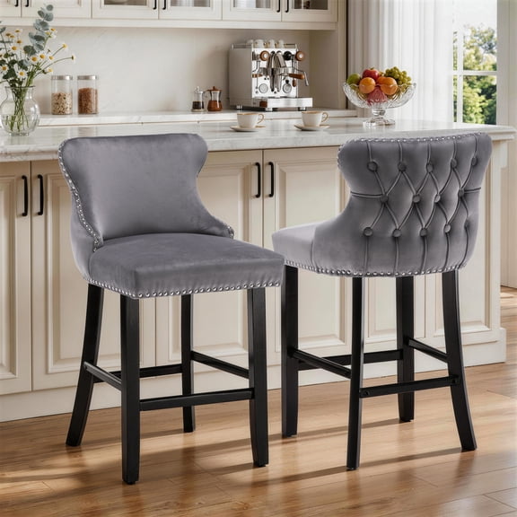 Bar Stools Set of 2, LegaHome 26" Counter Height Bar Stools with Back Sets of 2, Velvet Upholstered Bar Stool with Button Tufted & Nailhead Trim, Counter Stool for 35-39" Kitchen Island, Gray