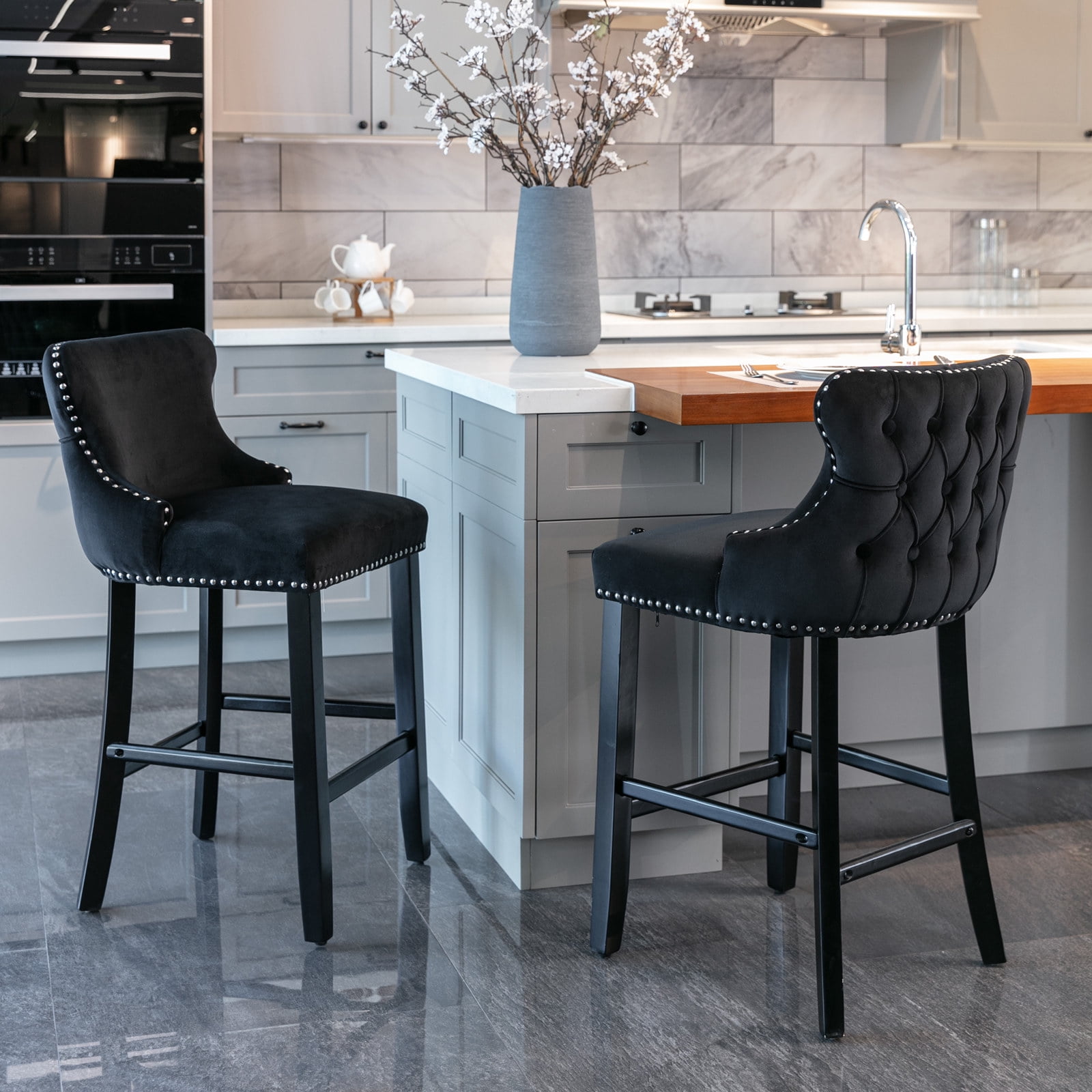 BTMWAY Bar Stools Set of 2, Velvet Upholstered Wing-Back Bar Chair with Solid Wood Legs and ...