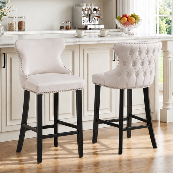 Bar Stools Set of 2, LegaHome 26" Counter Height Bar Stools with Back Sets of 2, Velvet Upholstered Bar Stool with Button Tufted & Nailhead Trim, Counter Stool for 35-39" Kitchen Island, Beige