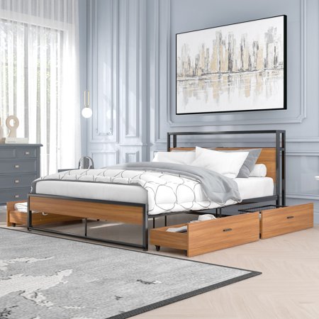 BTMWAY Black Full Bed Frame with Headboard, Modern Metal Full Platform Bed Frame for Kids Adults with Drawers, Sockets and USB Ports, Heavy Duty Full Size Bed Frame No Box Spring Needed for Bedroom