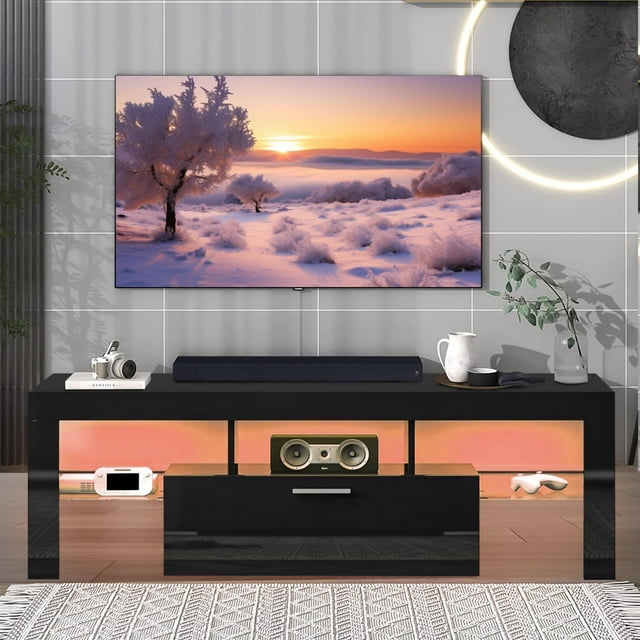 BTMWAY Black TV Stand for 55 Inch TV, Modern High Glossy TV Cabinet ...