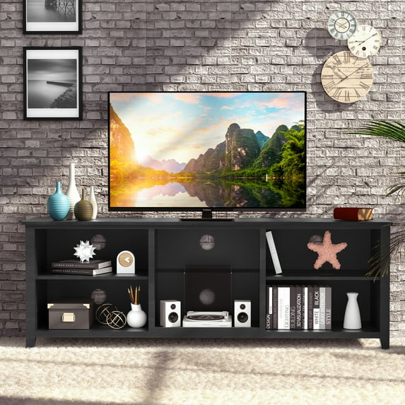 BTMWAY Black TV Stand for 75 Inch TV, New Upgraded TV Console Table with Open Media Storage Shelves, TV Cabinet Television Table for Living Room Bedroom, Entertainment Center, 75.08''x15.35''x24.8''