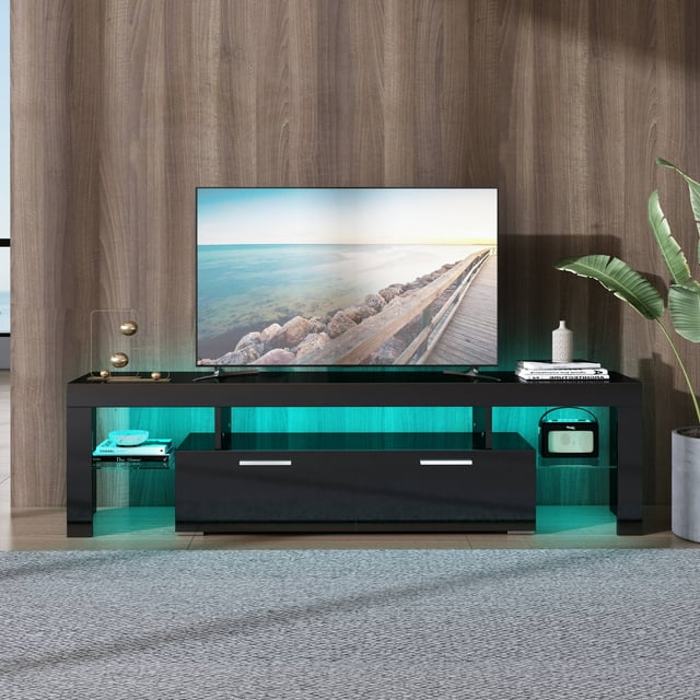 BTMWAY Black TV Stand for 80 Inch TV, Modern High Glossy TV