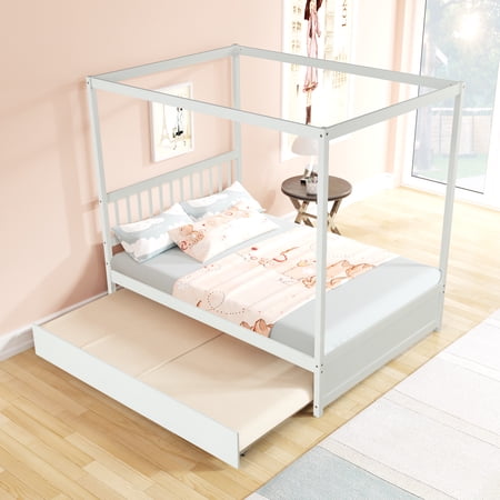 BTMWAY Canopy Bed Full, Solid Pine Wood Full Size Canopy Bed Frame with Trundle and Headboard, No Box Spring Needed, Modern Bedroom Canopy Bed with Trundle Included, Easy Assembly, White