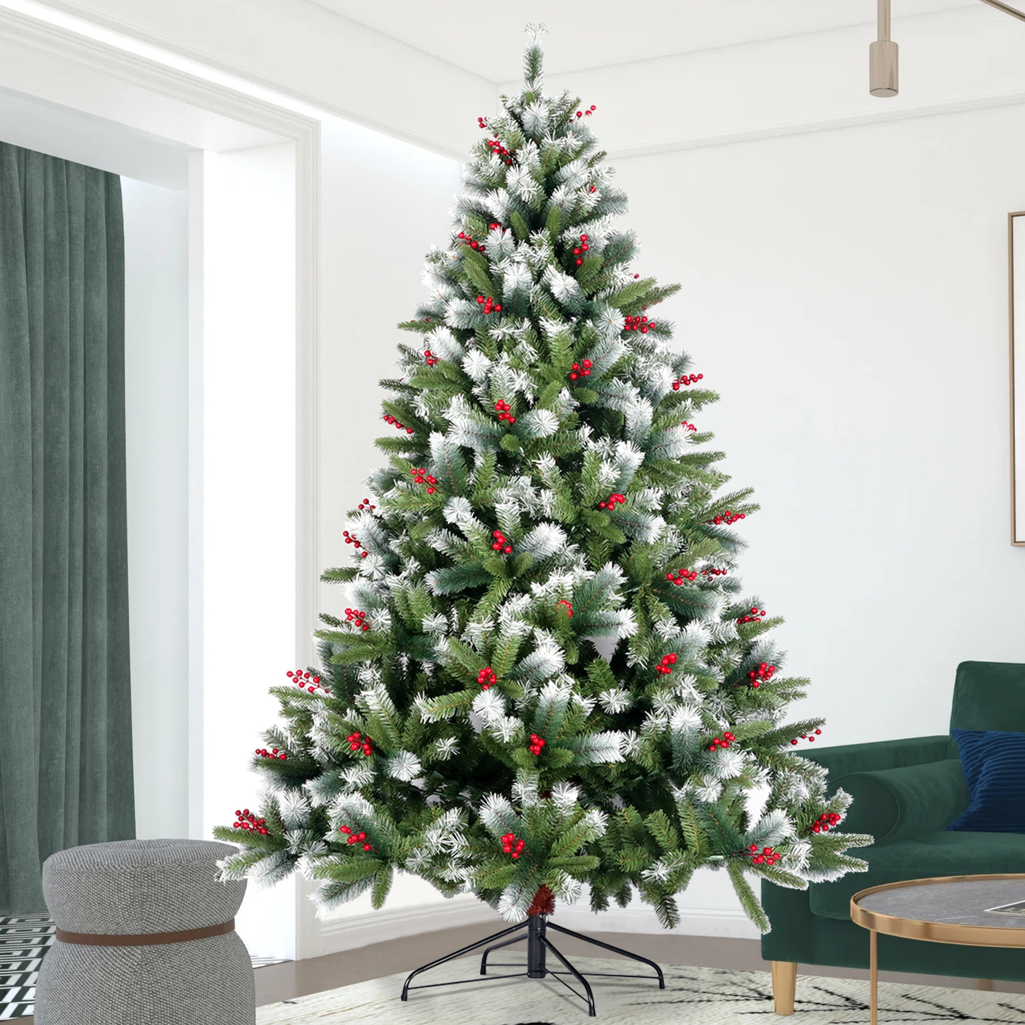 Btmway Christmas Trees, 7.5ft Artificial Christmas Tree with Lush 1145 Tips & Cones Red Berries, Christmas Decor Hinged Full Natural Spruce PVC Xmas