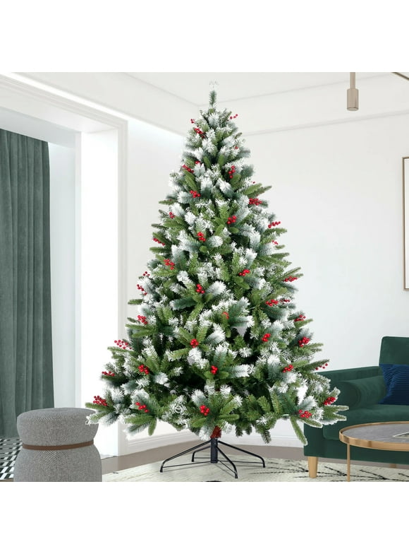 BTMWAY Christmas Trees, 7.5FT Artificial Christmas Tree with Lush 1145 Tips & Cones Red Berries, Christmas Decor Hinged Full Natural Spruce PVC Xmas Tree for Home Office Shop Decorations, Green