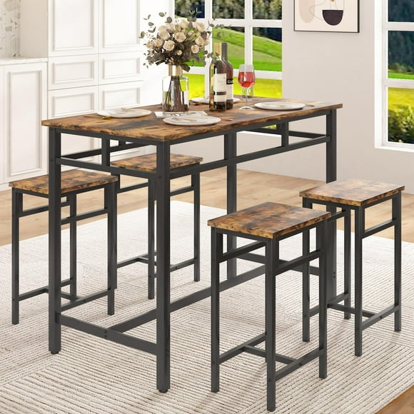 BTMWAY Counter Height 5 Piece Dining Table Set with 4 Bar Height Stools, Bar Pub Table Set for Kitchen Dining Room, Brown