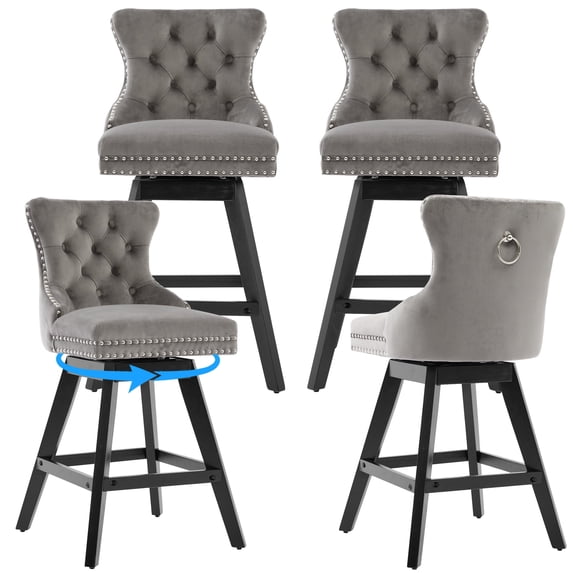 Swivel Bar Stools Set of 4, 26" Counter Height Barstools with Back, Nailhead Trim, Rubberwood Frame, Farmhouse Bar Chairs for 34–38" Kitchen Island, Gray (Set of 4)