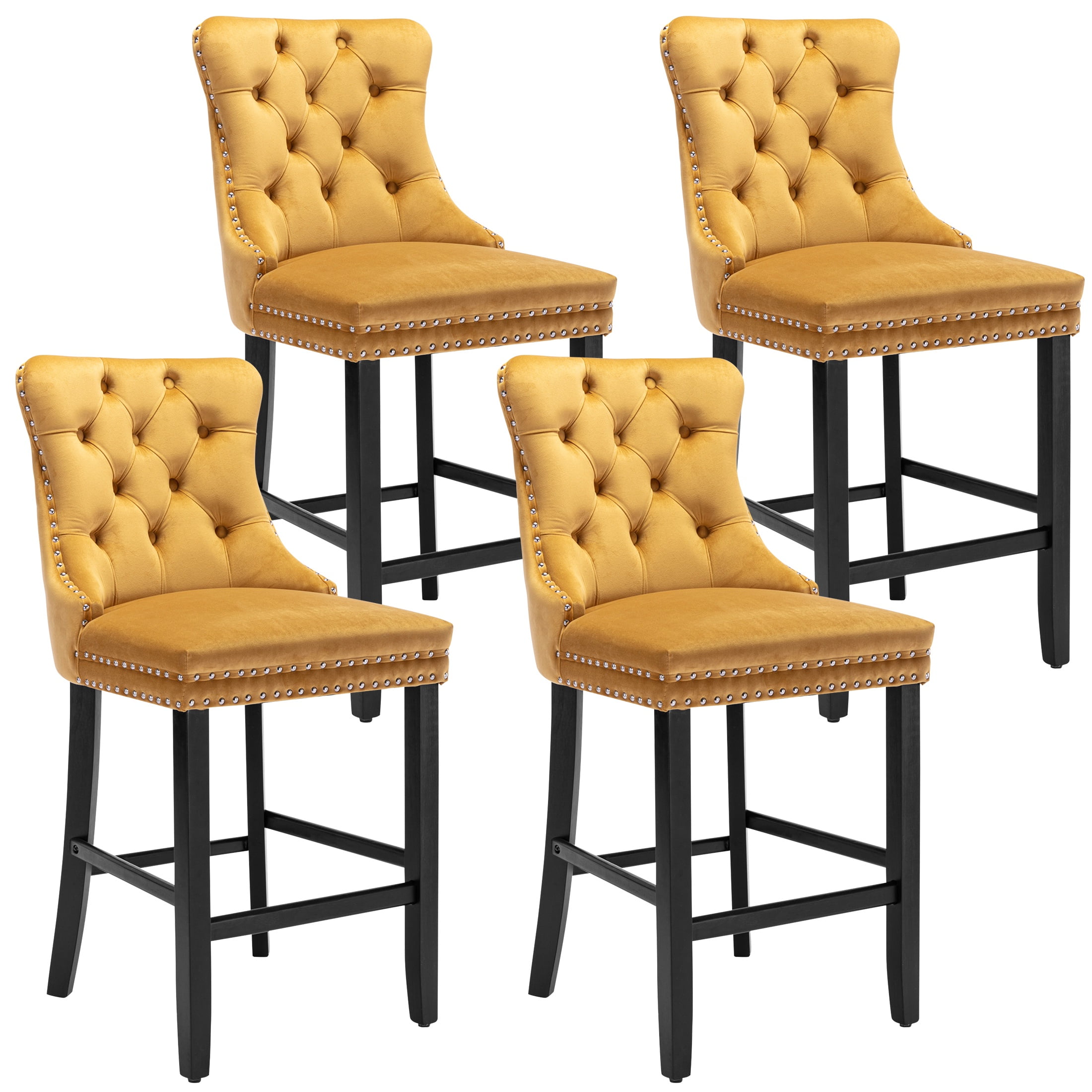 Bar Stools Set of 4, PAPROOS Velvet Bar Stool with Back, Solid Wood Frame & Nailhead Trim, Counter Height Bar Chair Button Tufted Upholstered Seat, Full Back Bar Stools, Golden