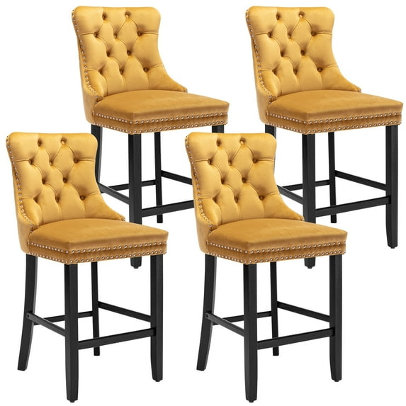 Bar Stools Set of 4, PAPROOS Velvet Bar Stool with Back, Solid Wood Frame & Nailhead Trim, Counter Height Bar Chair Button Tufted Upholstered Seat, Full Back Bar Stools, Golden