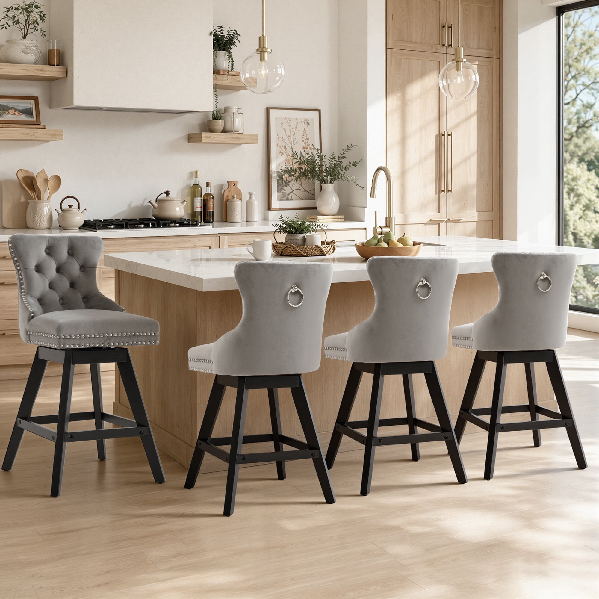 Swivel Bar Stools Set of 4, 26" Counter Height Bar Stools with Back, Farmhouse Velvet Barstools for 34–38" Kitchen Island, Gray (Set of 4)