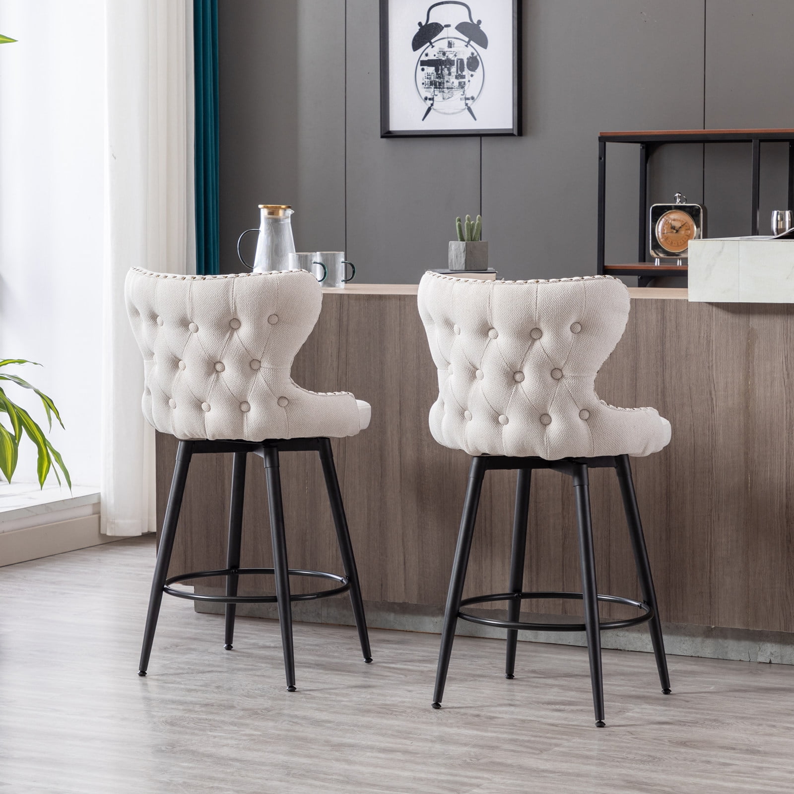 BTMWAY Counter Height Bar Stools Set of 2, 180° Swivel Upholstered Bar Chairs with Gold Nailhead ...