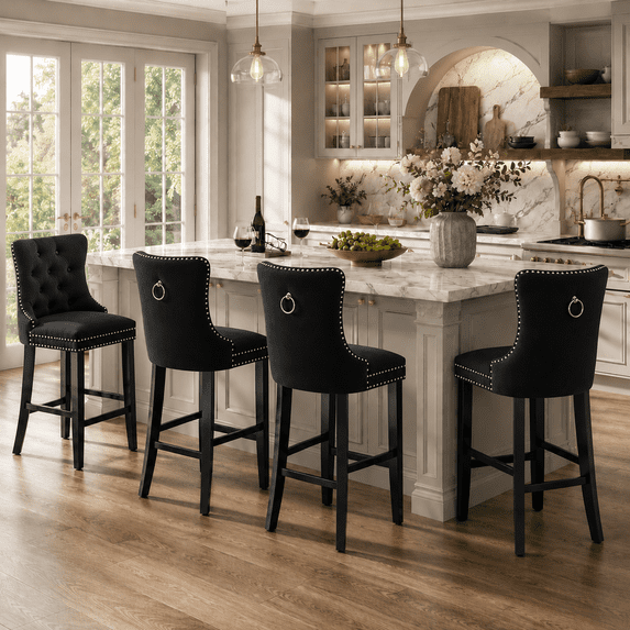 Bar Stools Set of 4, PAPROOS Velvet Bar Stool with Back, Solid Wood Frame & Nailhead Trim, Counter Height Bar Chair Button Tufted Upholstered Seat, Full Back Bar Stools, Black