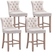 Bar Stools Set of 4, PAPROOS Velvet Bar Stool with Back, Solid Wood Frame & Nailhead Trim, Counter Height Bar Chair Button Tufted Upholstered Seat, Full Back Bar Stools, Beige