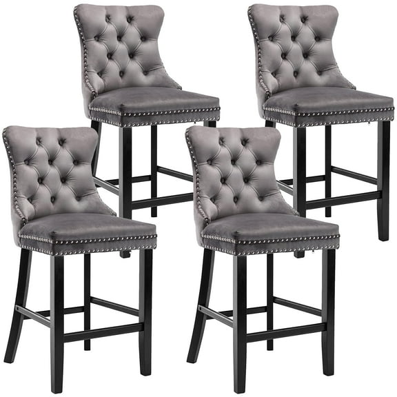 Bar Stools Set of 4, PAPROOS Velvet Bar Stool with Back, Solid Wood Frame & Nailhead Trim, Counter Height Bar Chair Button Tufted Upholstered Seat, Full Back Bar Stools, Gray