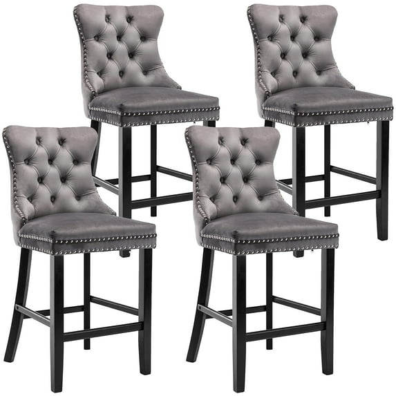 Bar Stools Set of 4, PAPROOS Velvet Bar Stool with Back, Solid Wood Frame & Nailhead Trim, Counter Height Bar Chair Button Tufted Upholstered Seat, Full Back Bar Stools, Gray