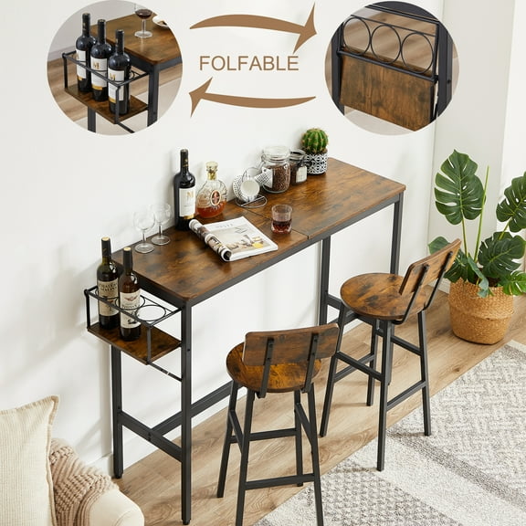 BTMWAY Counter Height Dining Bar Table and 2 Chair Set with Foldable Bottle Storage Rack, Industric Brown