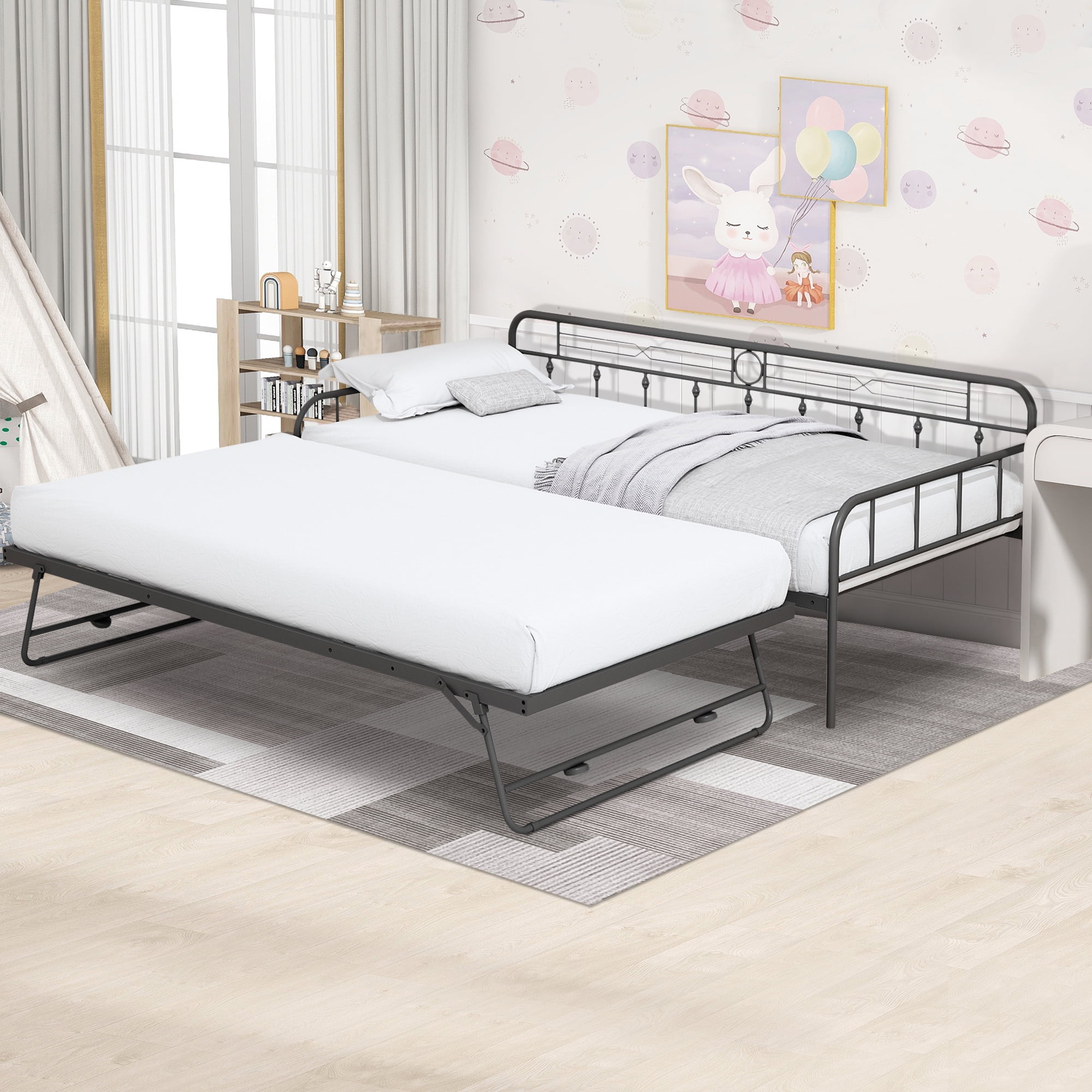 BTMWAY Twin Size Steel Daybed with Extendable Pop Up Trundle, Sturdy