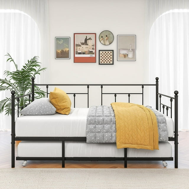 BTMWAY Daybed with Trundle Included, Twin Size Metal Daybed Frame with Pop Out Trundle Bed, Heavy Duty Twin Sofa Bed for Kids Teens Adults, No Box Spring Needed, Black