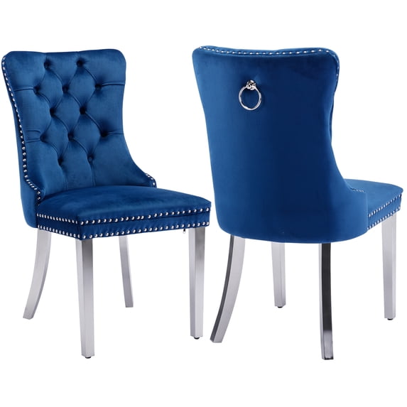 LegaHome Dining Chairs Set of 2, Modern Upholstered Velvet Dining Room Chairs with Nailhead Trim and Chrome Stainless Steel Plating Solid Wood Legs, Tufted Button Padded Chairs Set for Kitchen, Blue