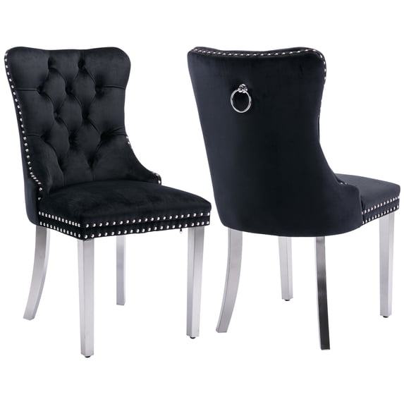 LegaHome Dining Chairs Set of 2, Modern Upholstered Velvet Dining Room Chairs with Nailhead Trim and Chrome Stainless Steel Plating Solid Wood Legs, Tufted Button Padded Chairs Set for Kitchen, Black