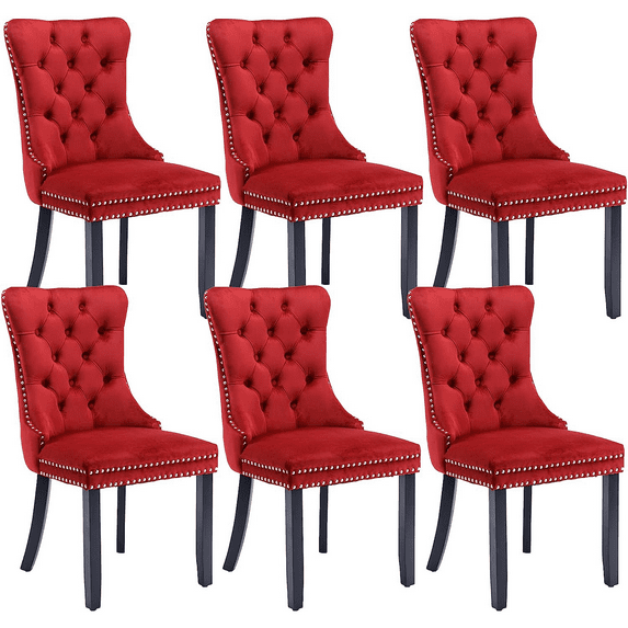 LegaHome Dining Room Chairs Set of 6, Modern Upholstered Velvet Dining Chair with Nailhead Trim&Solid Wood Legs, Tufted Button Padded Accent Chairs Set for Kitchen Dining Room Living Room, Wine Red