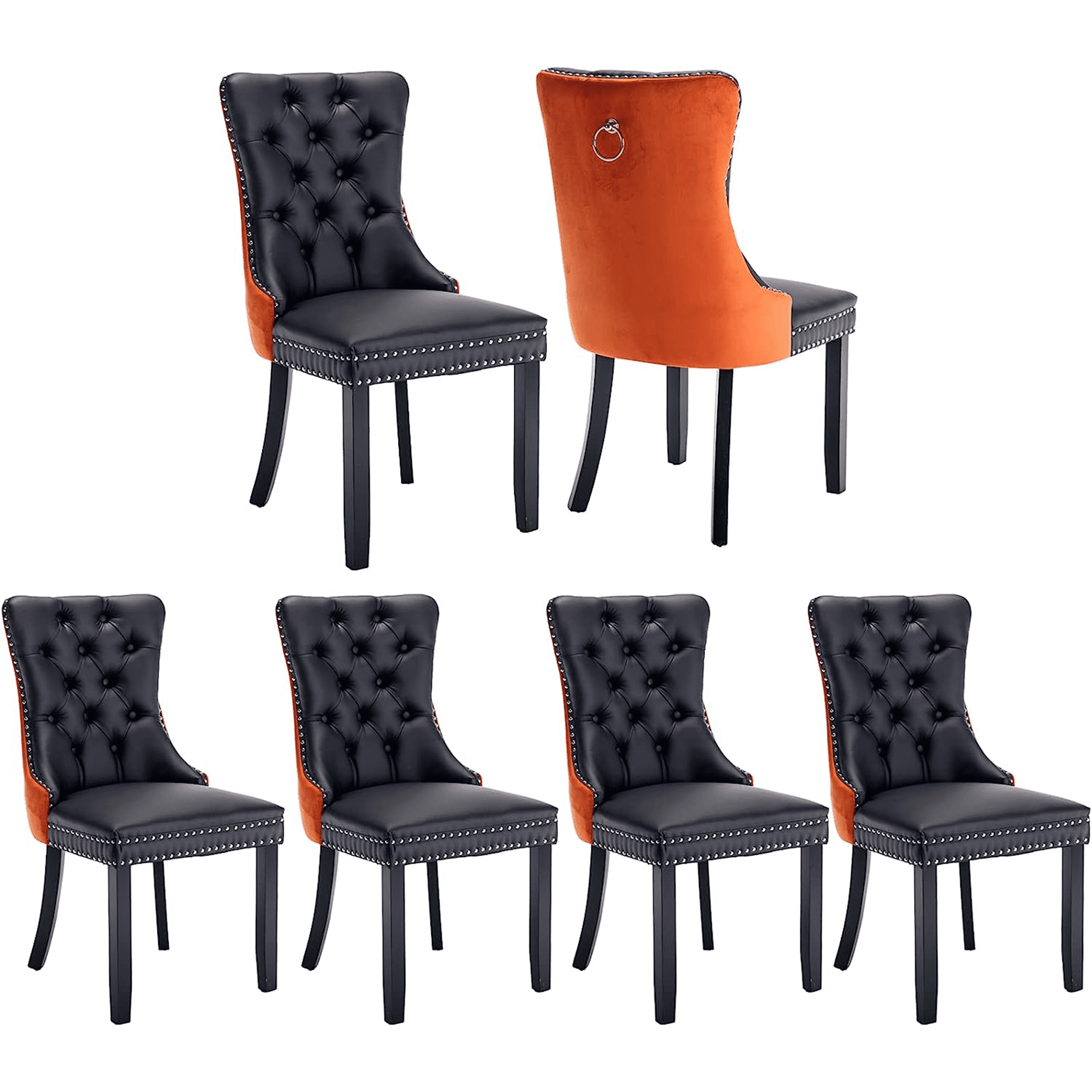 LegaHome Dining Room Chairs Set of 6, Modern Upholstered Velvet and PU Leather Dining Chair with Nailhead Trim and Solid Wood Legs, Tufted Button Padded Kitchen Dining Chairs Set, Orange&Black