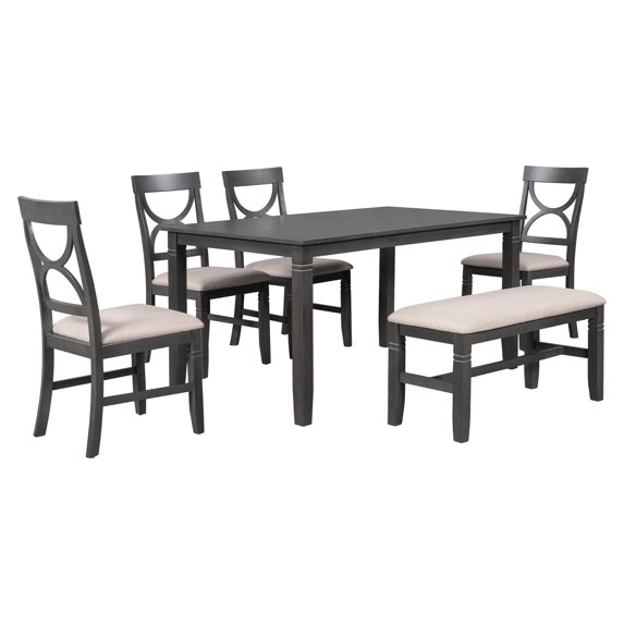 BTMWAY Dining Room Table Set for 6, New Upgraded Solid Wood Dining Table Set with Upholstered Bench and 4 Dining Chairs, Farmhouse Style Wooden Kitchen Table and Chairs, Rectangular Dinette Set, Gray
