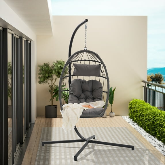 BTMWAY Egg Chair, Outdoor Wicker Egg Chair with Stand, Patio Swing Chair Foldable Hammock Chair with Cushion, All-weather Rattan Hanging Chair for Living Room Balcony Porch, 300lbs Capacity, Beige