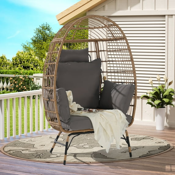 LEGAHOME Oversized Wicker Egg Chair with Thick Cushions, Outdoor Indoor Large Rattan Egg Chair, Heavy Duty Egg Chair for Porch, Backyard, Balcony, Light Gray