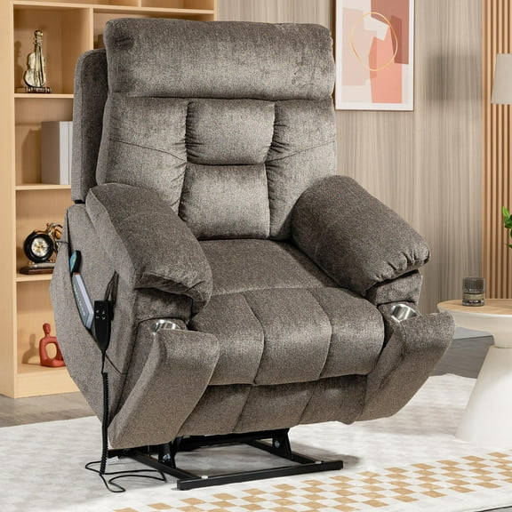 PAPROOS Electric Lift Recliner, Widen Power Lift Chair with Heating and Massage Function, Fabric Reclining Sofa with 2 Remotes and 2 Cup Holders, Big Lift Chairs for Elderly Seniors, Dark Brown