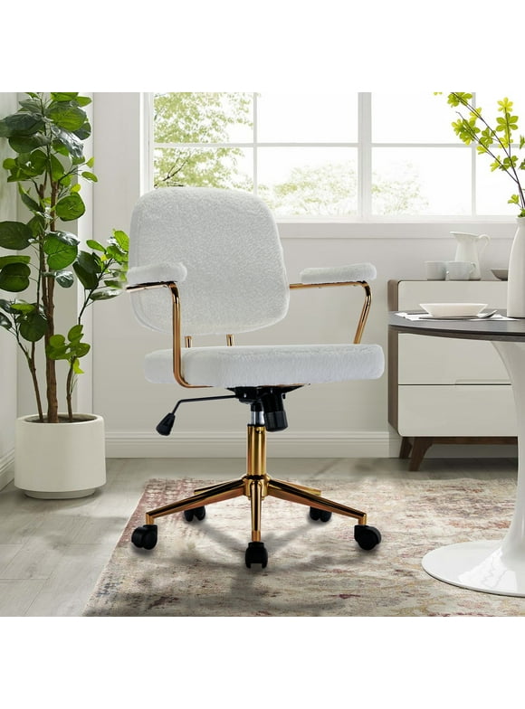 BTMWAY Ergonomic Office Chair, New Upgraded 360° Swivel Task Chair with Arms and Golden Metal Base, Velvet Upholstered Computer Desk Chair for Home Office, Accent Chair, Adjustable Height, White