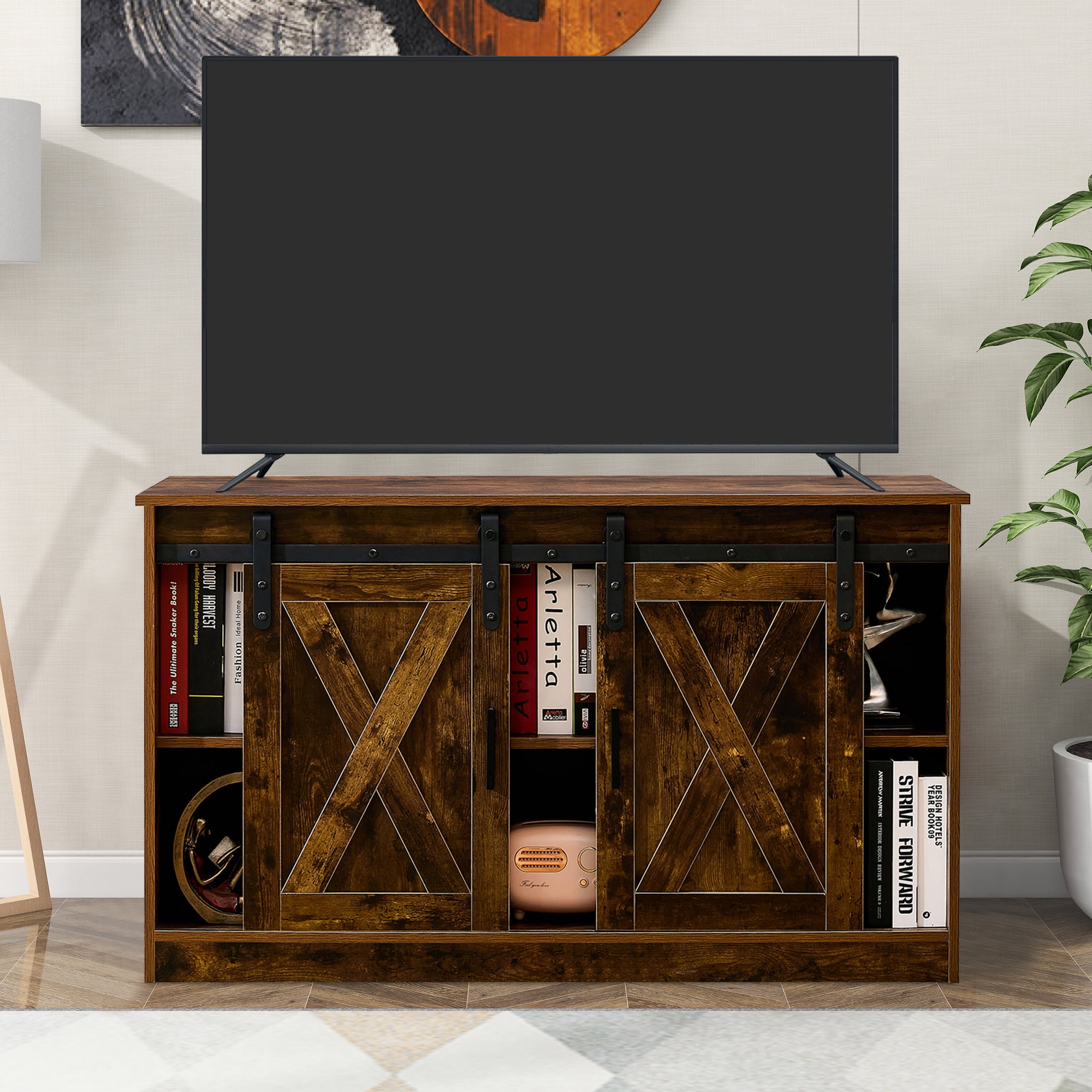 BTMWAY Farmhouse Barn Door TV Stand, Rustic Brown Sliding Barn Door TV