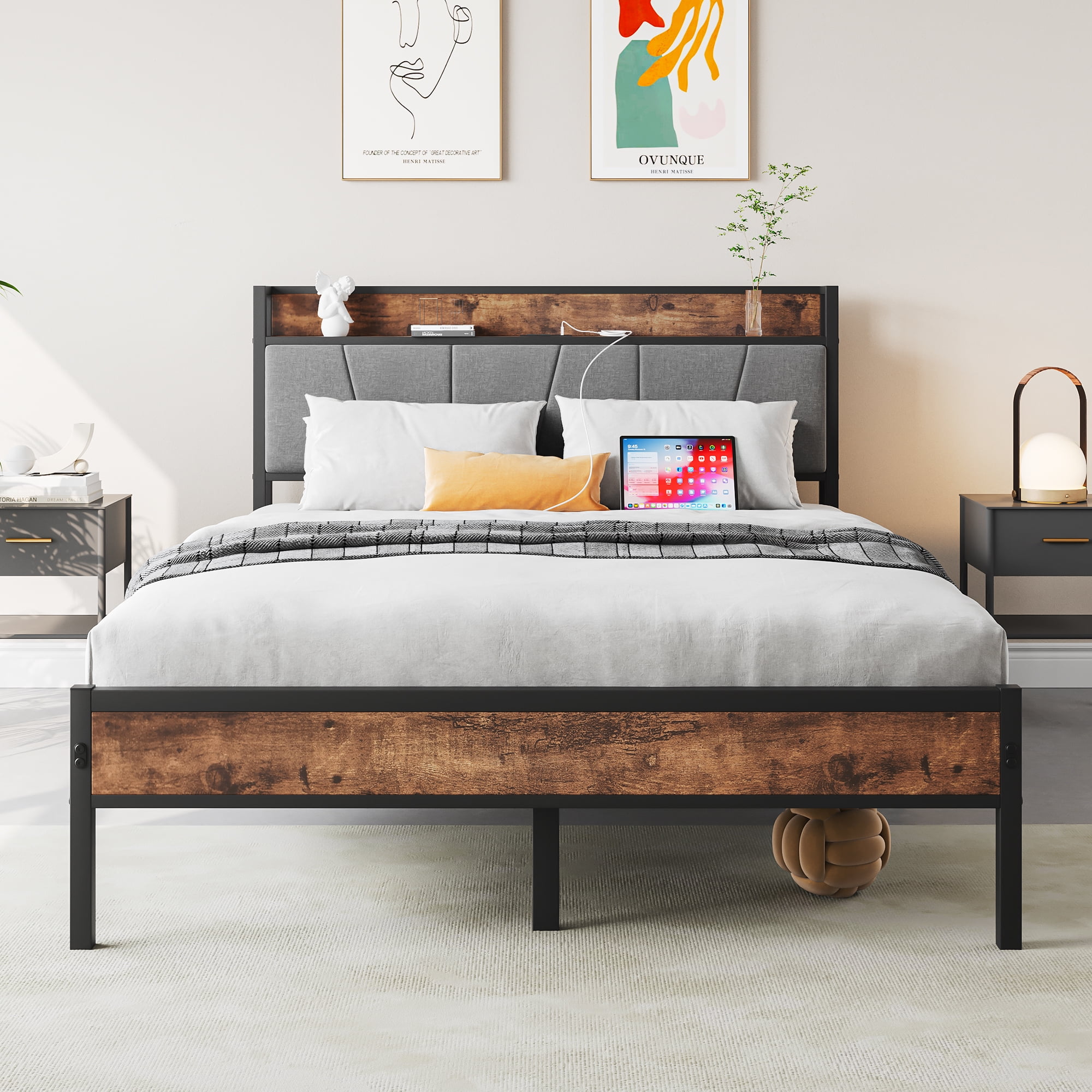 Full Size Black Metal Platform Bed with Gray Upholstered Headboard and Storage