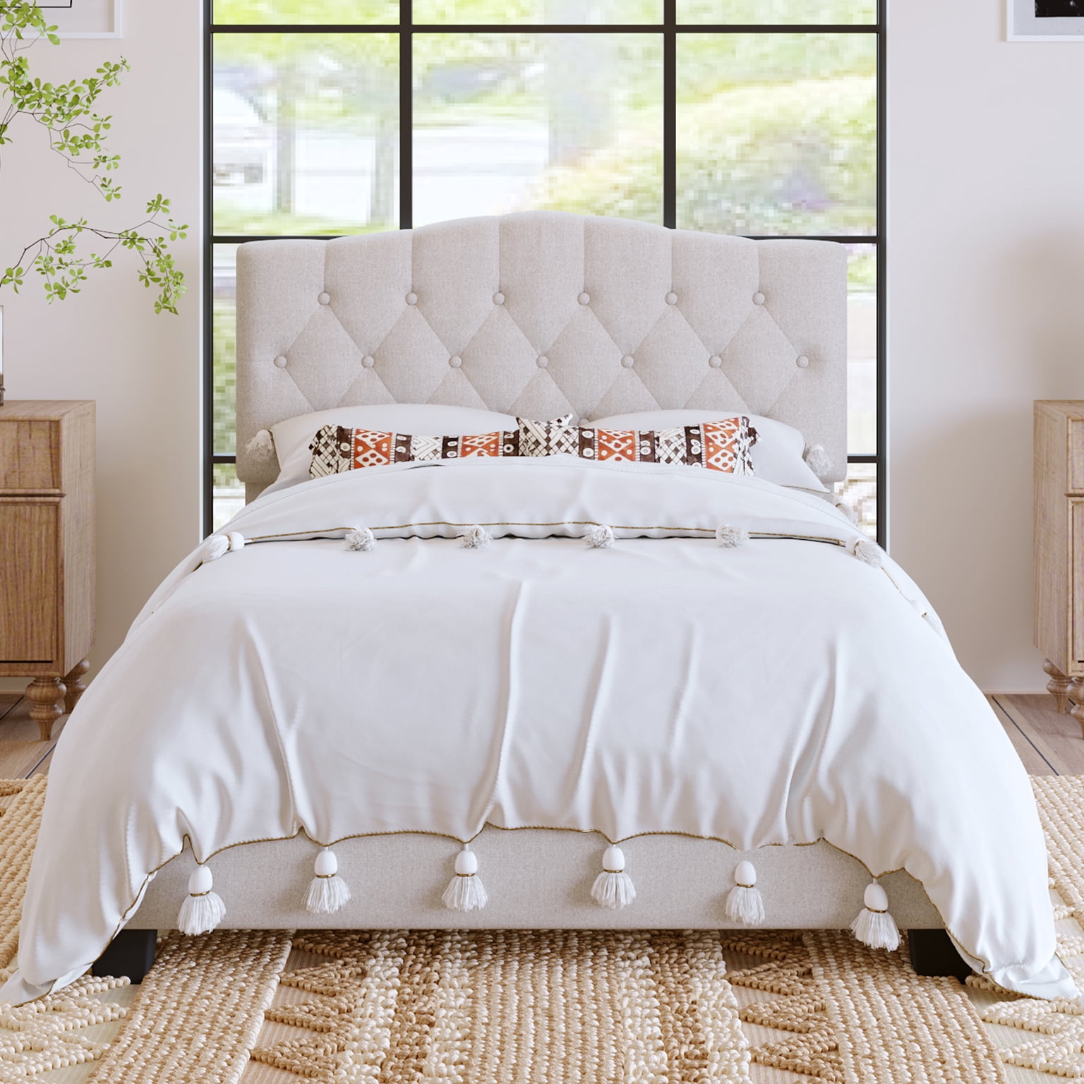LegaHome Full Bed Frame, Full Size Upholstered Platform Bed with Headboard, Solid Wood Frame, Modern Full Platform Bed Frame Bedroom Furniture, Holds 770lbs, No Box Spring Needed, Beige