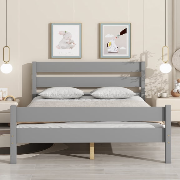BTMWAY Full Platform Bed Frame, Heavy Duty Wood Platform Bed Frame with Headboard and Footboard, Modern Full Size Bed Frame for Teens Adults, No Box Spring Needed, Gray