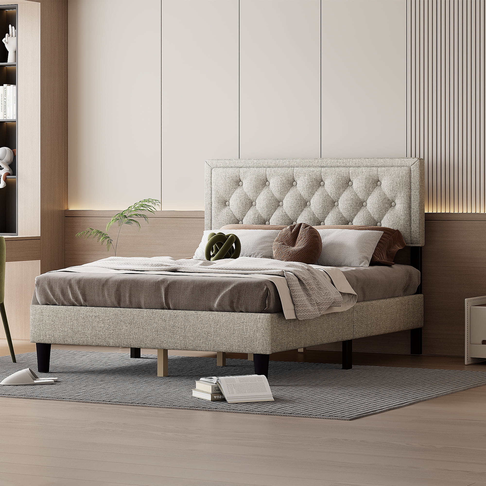 BTMWAY Full Platform Bed Frame Modern Upholstered Platform Bed with Headboard and Solid Wood Frame Bedroom Furniture Full Size Bed Frame with
