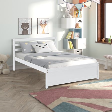 BTMWAY Full Platform Bed Frame, Wood Full Size Bed Frame with Headboard, Modern Full Bed Frame No Box Spring Needed with Wood Slats, Bedroom Furniture Bed Frame Full Size for Kids Adults, White