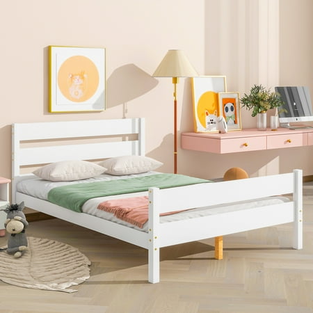 BTMWAY Full Size Bed Frame, Modern Wood Platform Bed with Headboard and Footboard, Strong Wooden Slats Support, Heavy Duty Full Bed Frame, No Box Spring Needed, White
