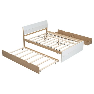 BTMWAY Full Size Bed Frame with Storage Bookcase and Trundle Included, Heavy Duty Wood Platform Bed with Headboard and Wooden Slats Support, No Box Spring Needed, Full Storage Bed Frame, White