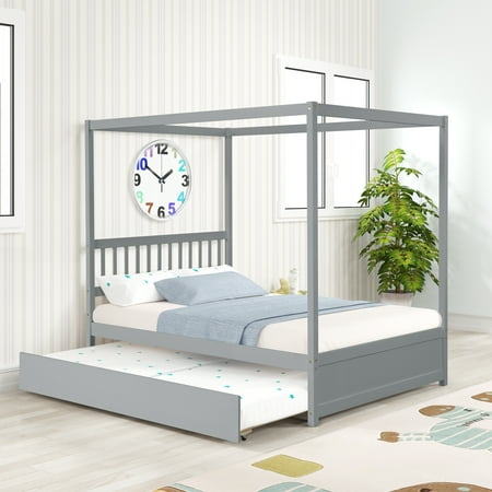 BTMWAY Full Size Canopy Bed with Trundle Included, Solid Wood Full Bed Frame with Headboard, No Box Spring Needed, Gray